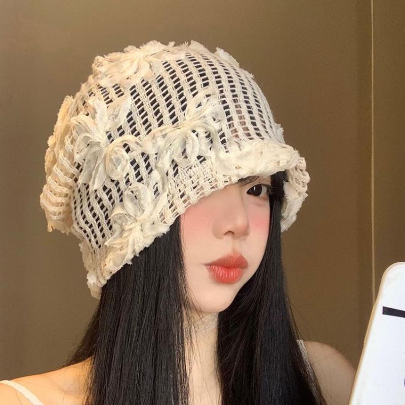 Women's Spring Summer Flower Hollowed Out Pile Cap Thin Breathable Big Head Circumference Toe Cap Korean Version Face Enhancing Small Cold Hat