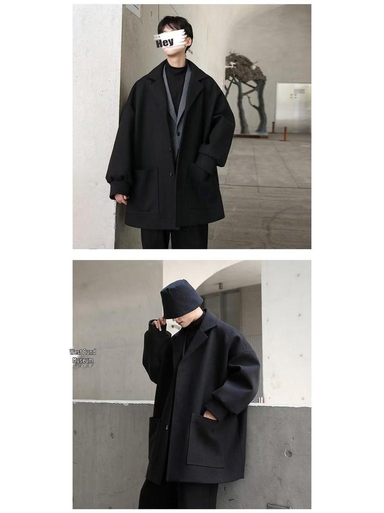 Men's Trendy Mid-Length Wool Coat - Loose Fit, High-End Single-Breasted for Autumn & Winter