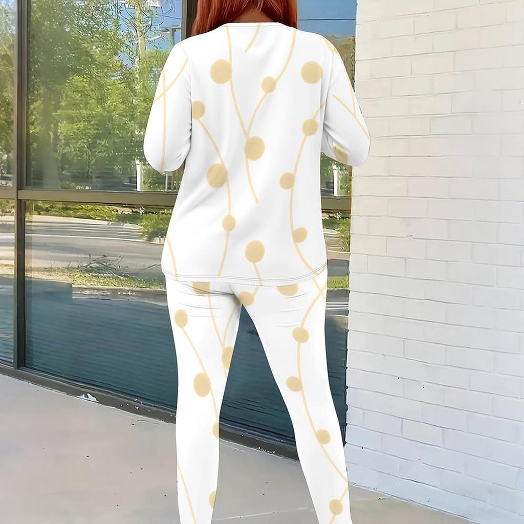 Women Plus Size Black Gold Green Printed Round Neck Long Sleeve Top And Fitted Pants Two Piece Set