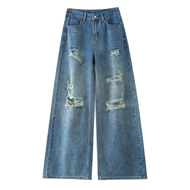 Starry Sky Rhinestone Ripped Floor-Length Jeans for Women