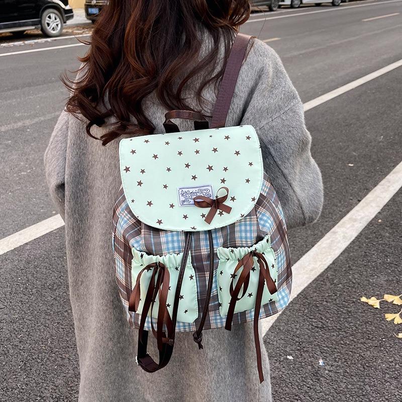 Trendy backpack women's large capacity versatile plaid sweet bow student schoolbag star backpack