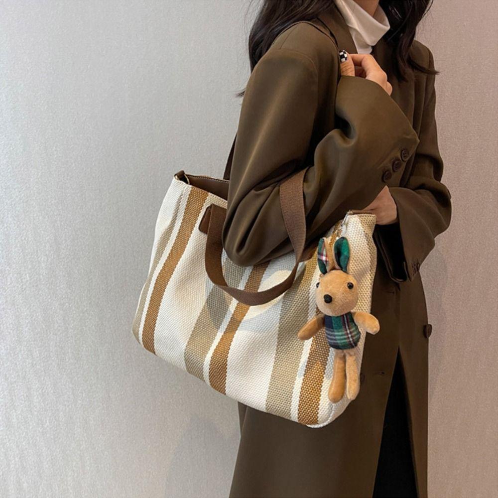 Versatile Stripe Tote Bag Casual Women's Bags Trendy Canvas Shoulder Bag  Shopping Bag