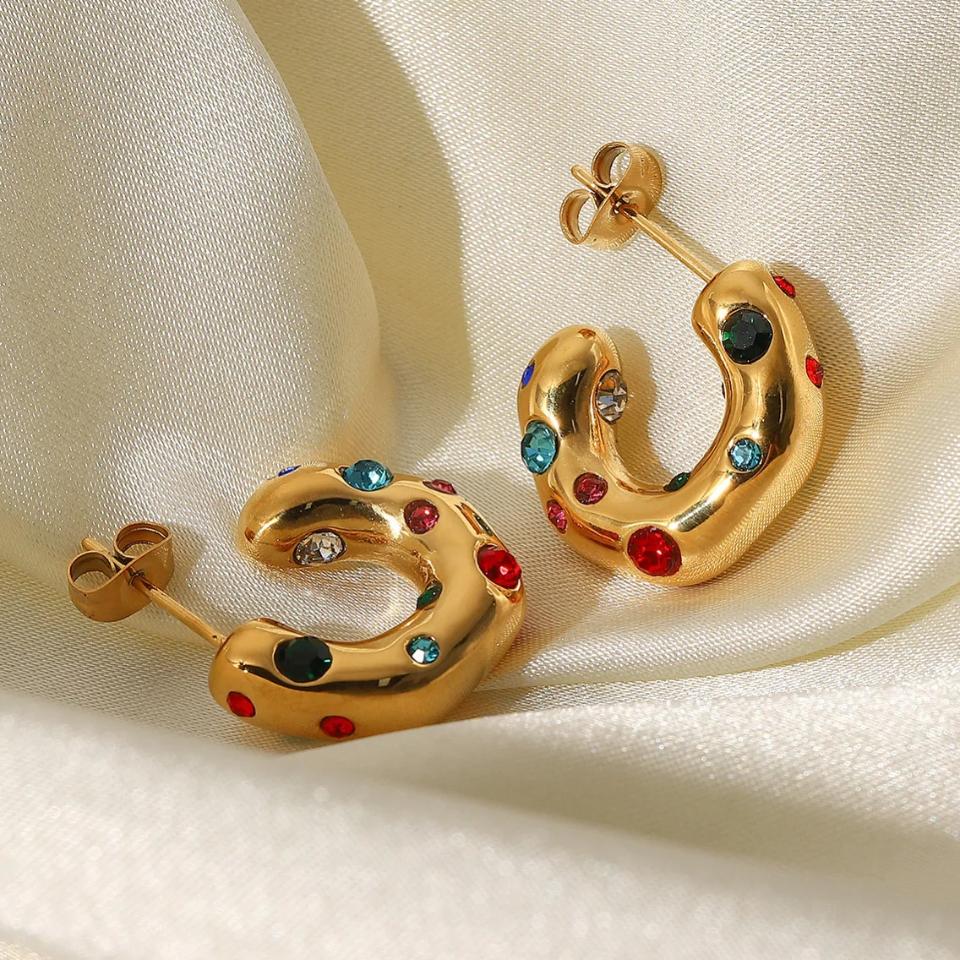 Chunky Stainless Steel Gold Plated Earrings for Women Irregular Pearl Rhinestone Statement Earring Jewelry