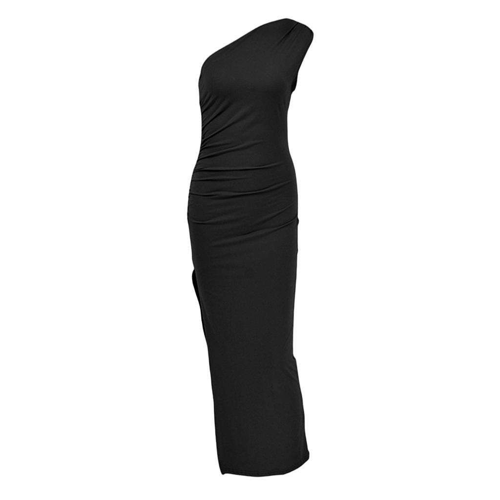 Ladies' Fashionable Solid Color Single Shoulder Sleeveless Pleated Slit Dress With Temperament