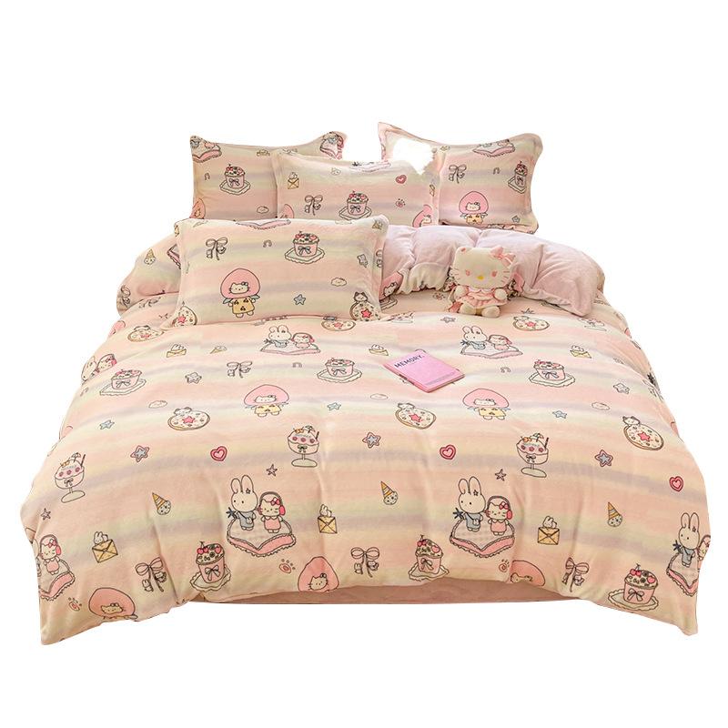 Verdicktes Milchfleece Vierteiliges Set Mädchenherz Korallenfleece Bettlaken Bettbezug Bettwäsche Fleece Bettbezug
