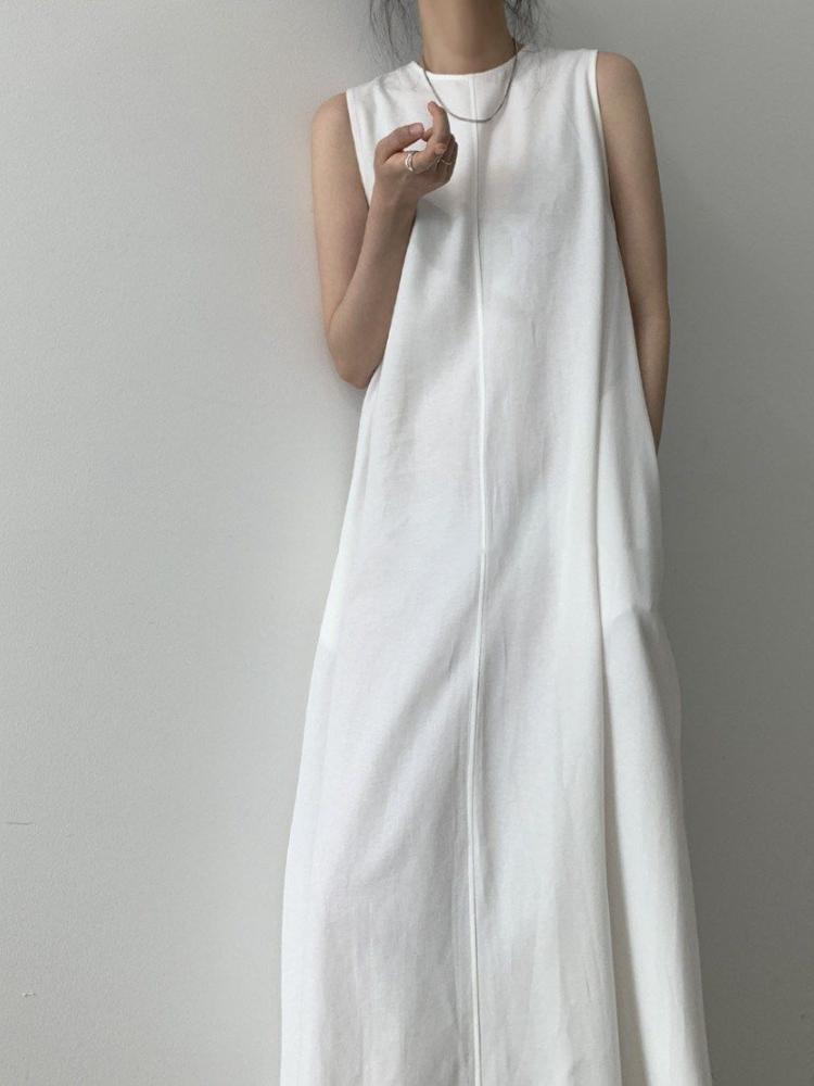 Women Summer Vintage Cotton and Linen Long Tank Dress Sleeveless Loose Waist Large Hem Round Collar Midi Sundress