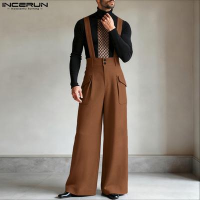 Vintage Men Sleeveless Strap Back Elastic Casual Loose Long Rompers Jumpsuits
