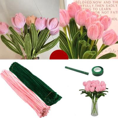 1 Set Rohrdrahtreiniger, Basteln, flexible, biegsame Stiele, bunter Chenille-Bouquet, DIY-Tulpenherstellungsset