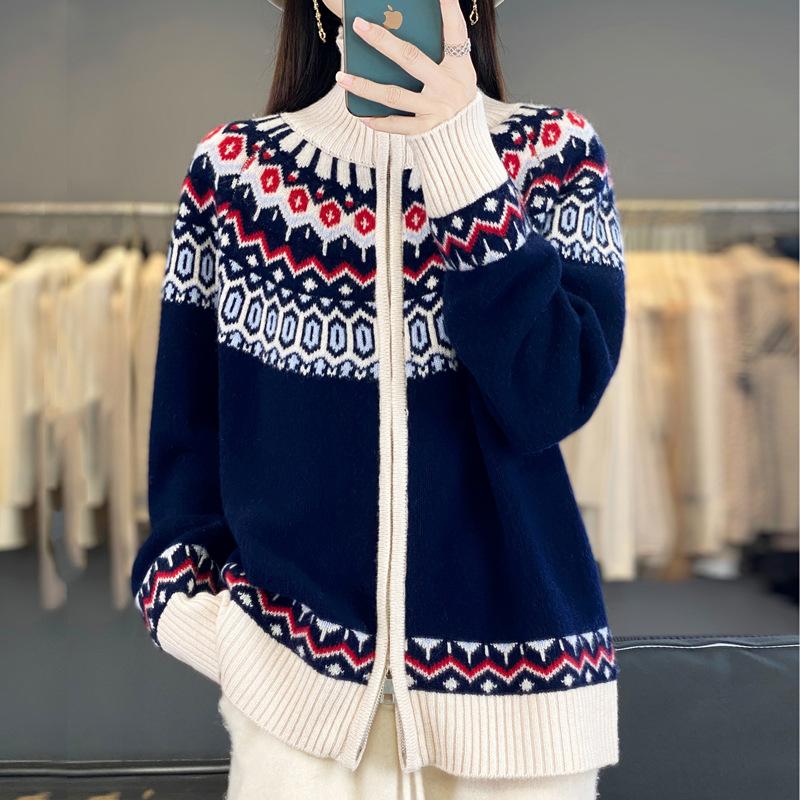 Fair Island Jacquard Mountain Wool Cardigan Women'S Thick Knitted Sweater Jacket Age-Reducing Autumn And Winter Women'S Top New