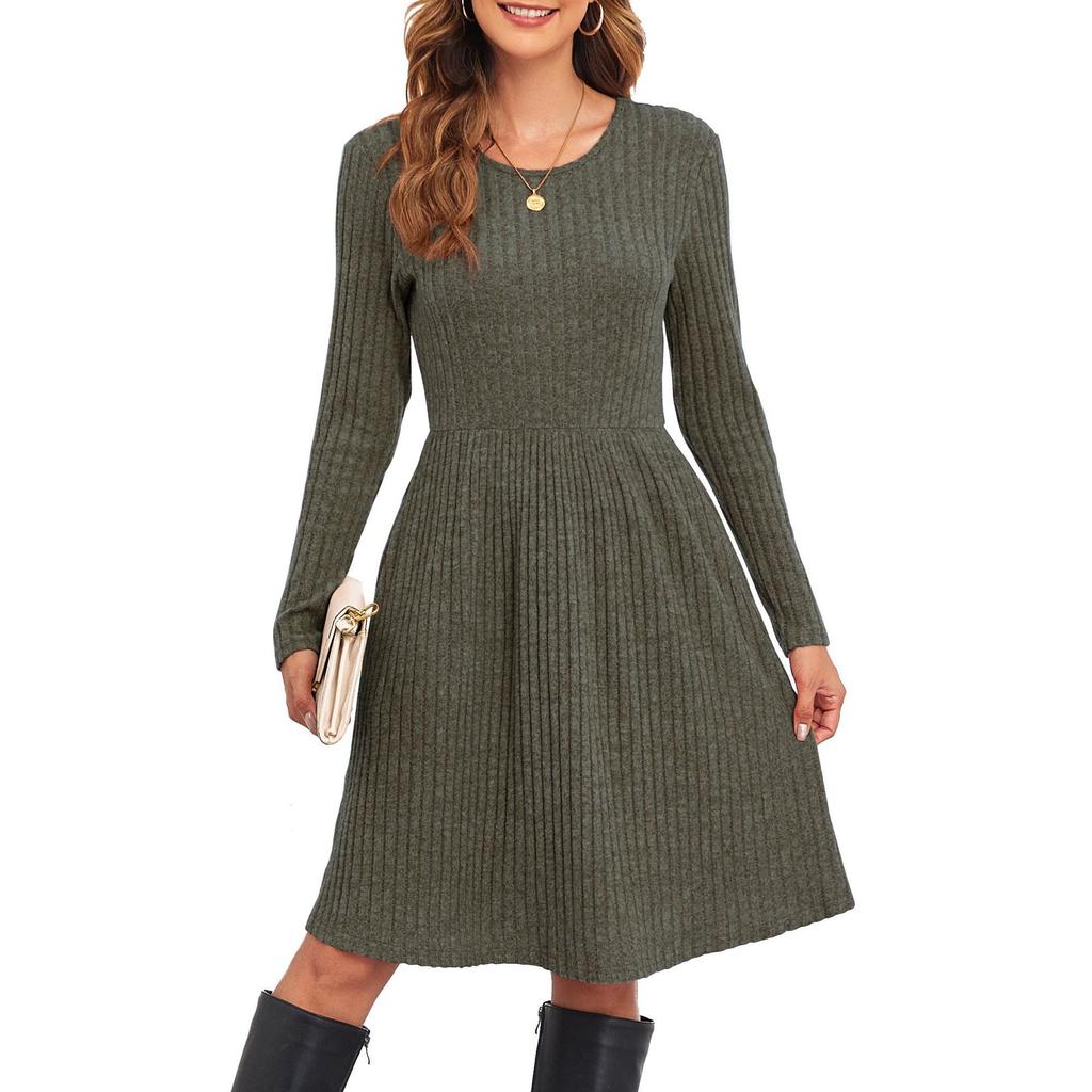 women's vertical ribbed cotton blend crew neck long sleeve midi a line knit sweater dress fall casual swing gown