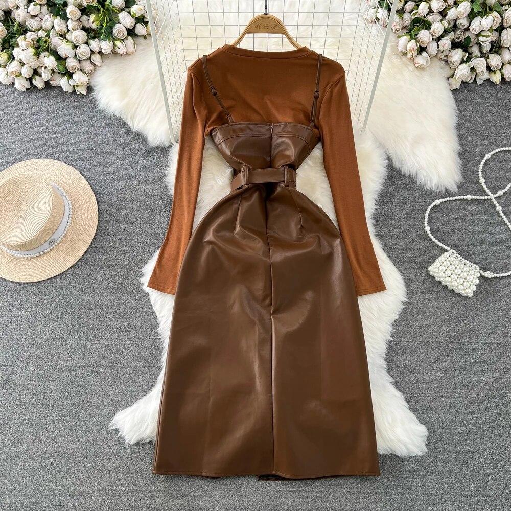 New Spring Women Long Sleeve Blouse Tops and Spaghetti Strap Faux Leather Slim Bodycon Pencil Dress Two Piece Set