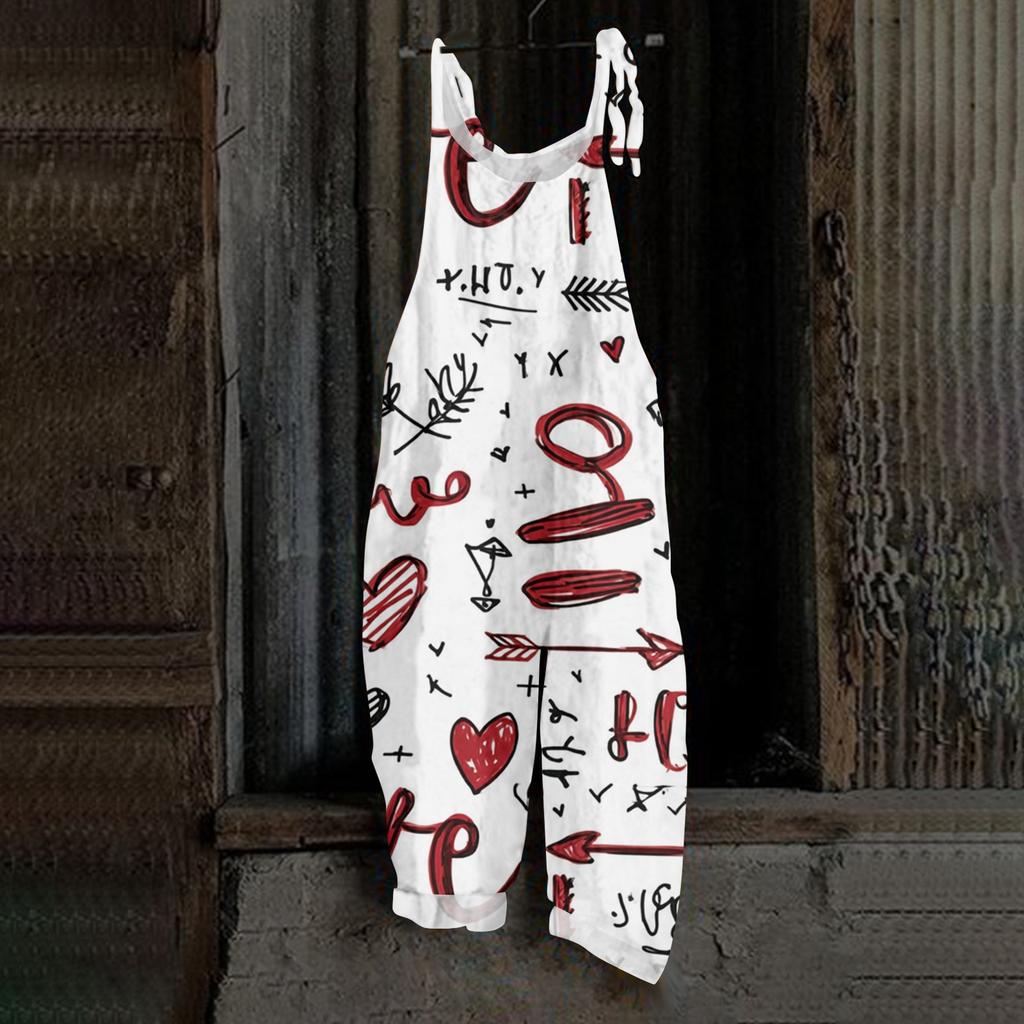 Women's Heart,shaped Printed Casual Loose Retro Overalls Cotton and Linen One,piece Pants