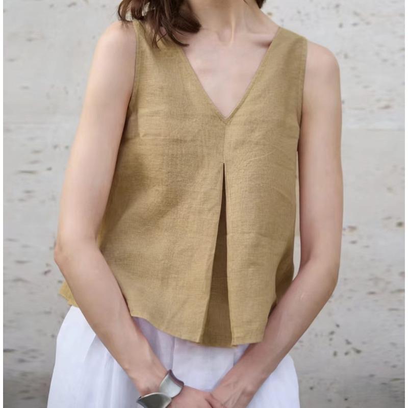 QICED Women's Fashion Casual Solid Color Print Sleeveless V-Neck Blouses & Shirts