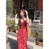 Kumikumi French Style Retro Red Floral Print Dress Women Summer Holiday Style Bow Lace-up Beach Long Dress
