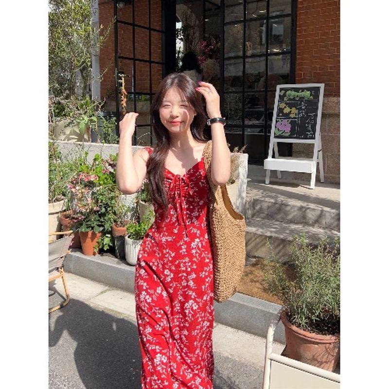 Kumikumi French Style Retro Red Floral Print Dress Women Summer Holiday Style Bow Lace-up Beach Long Dress
