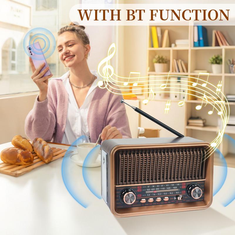 AM/FM Radio Vintage Desktop Radio, 30BTL Wooden Radio, Supports USB/1200mAh Rechargeable battery/TF, Suitable for Home, Office,