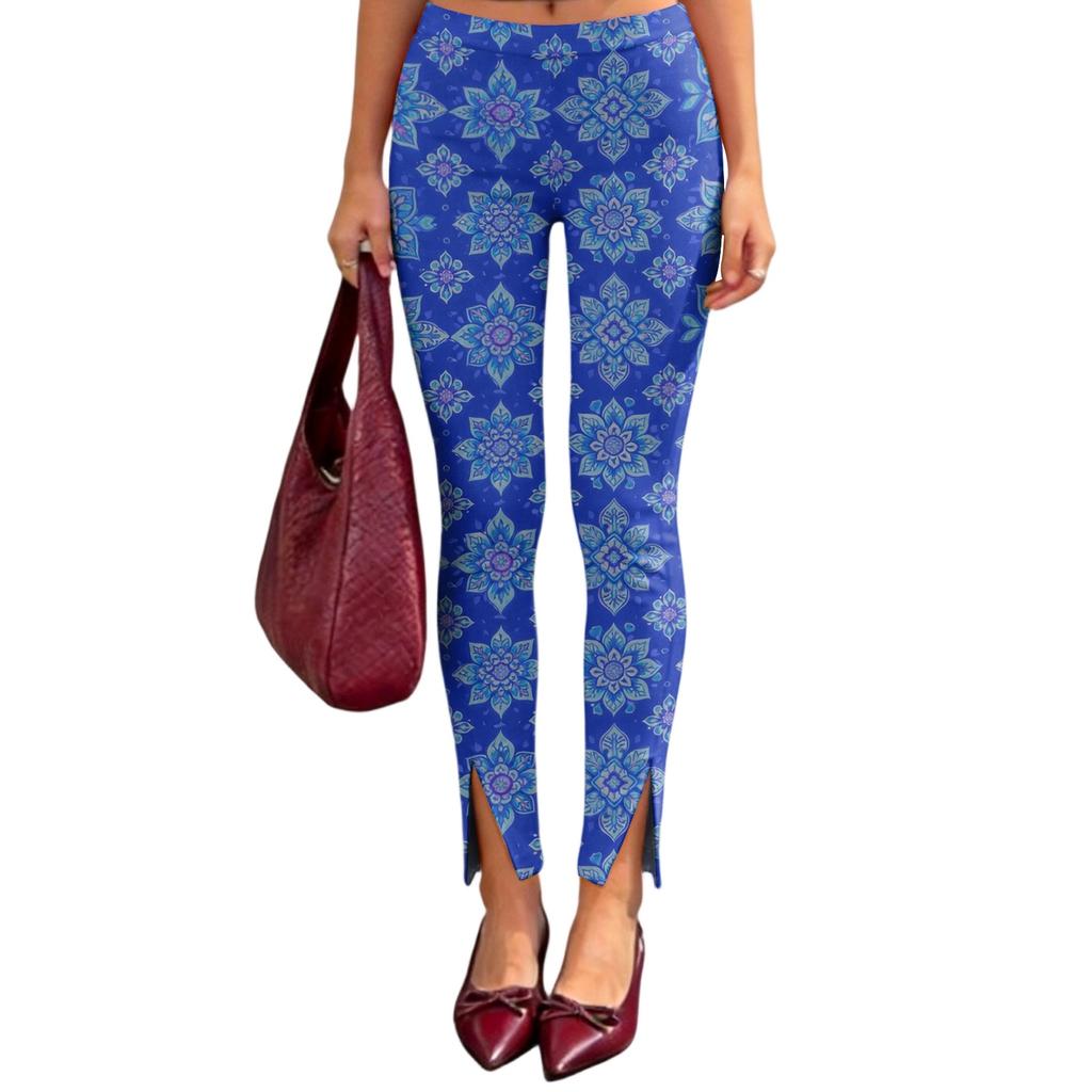 Women's Slim Pants with Retro Floral Print and Side Slit Design - Black