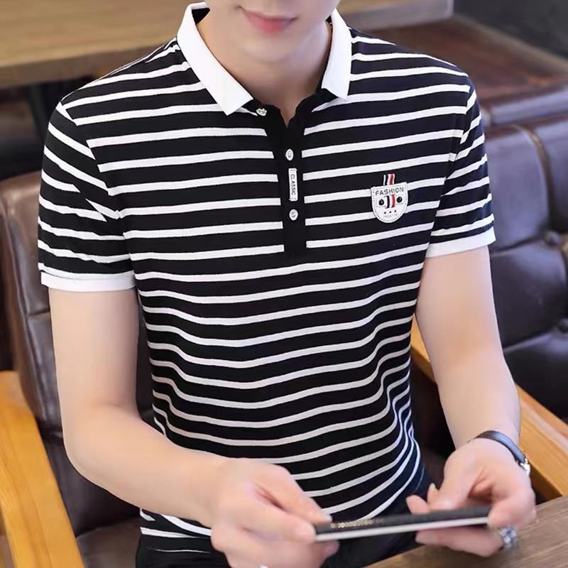 Men's Striped Ice Silk Polo Shirt - Casual Summer Short Sleeve