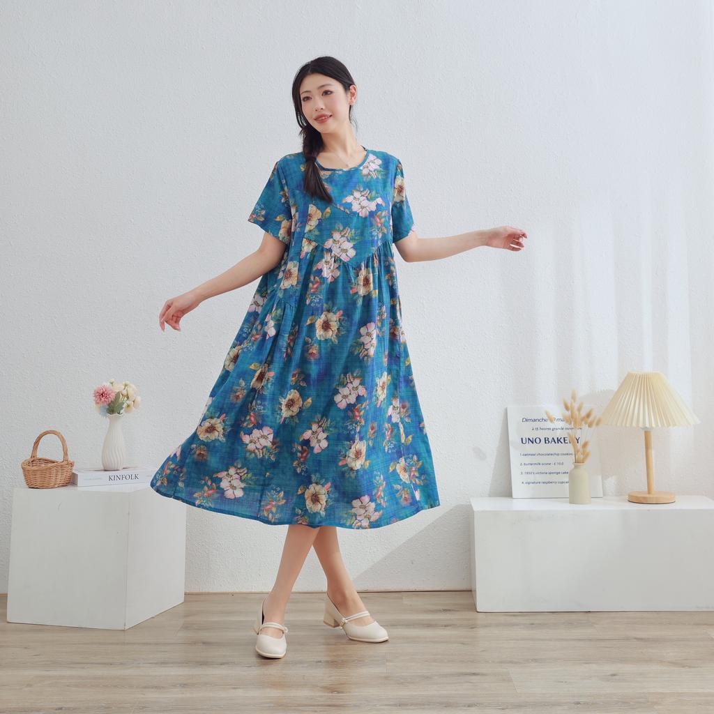 DIMANAF 2025 Women Plus Size Spring Summer Dress Casual Floral Dress Basic Linen Loose Long Blue Dress