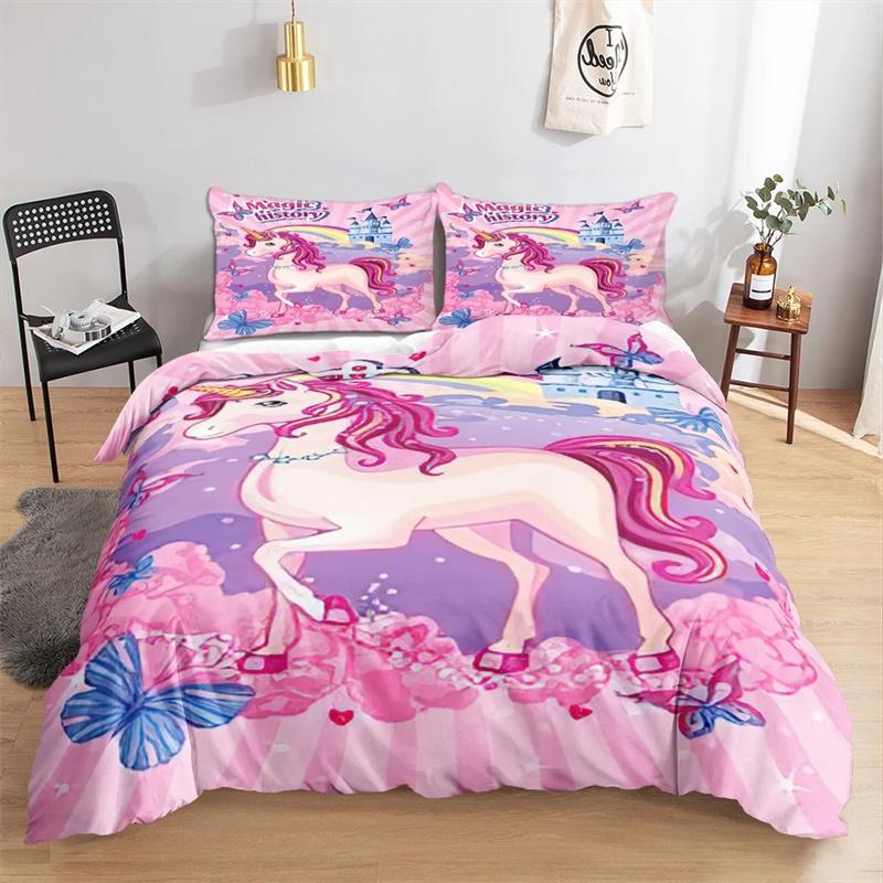 Kawaii Einhorn Buntes leuchtendes Einhorn-Kinderbettwäscheset für Mädchen Rosa Deluxe Bettbezug Bettwäscheset King Queen Bettbezug