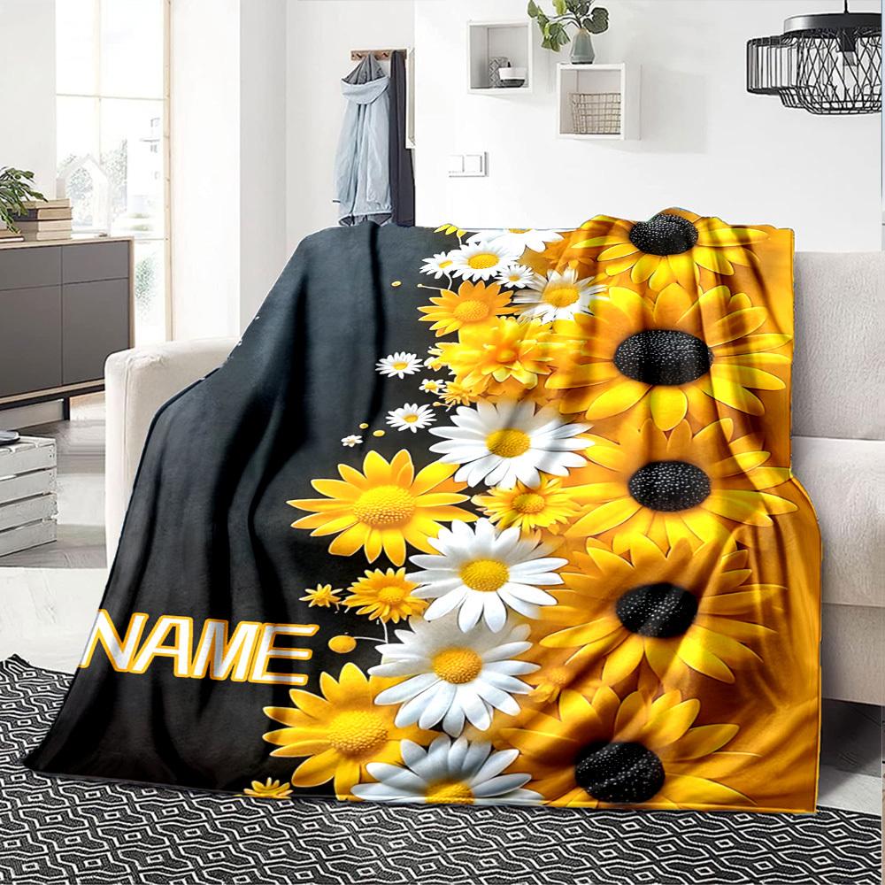Sunflower And Daisy Floral Border With Placeholder Lightweight Customizable Blanket Personalized Name Soft Warm Cozy Throw For Sofa Couch Office Bed