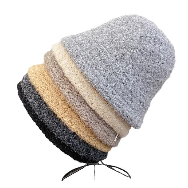 Hat Female Autumn and Winter Knitted Bucket Hat Plain Face Covering Bucket Hat Versatile Face Small Wool Basin Hat