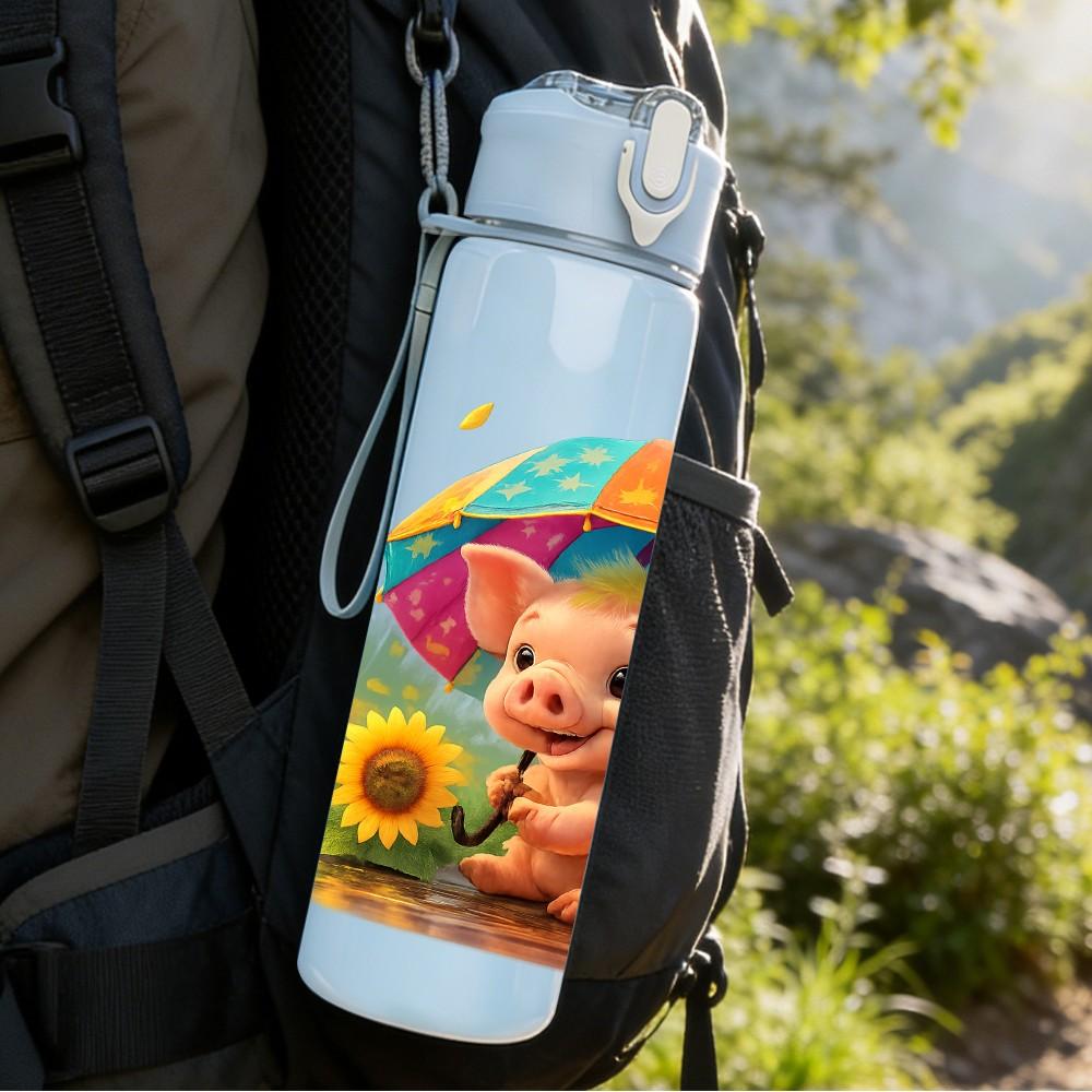 1PC Piglet Sunflower Cute Print 750ml Color Plastic Sports Water Bottle Leakproof Flip Straw Lid Suitable for Sports Office Home Use