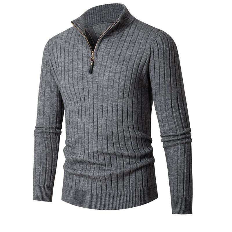 Men's Autumn Casual Solid Color Round Neck Half Zip Knitted Bottoming Shirt