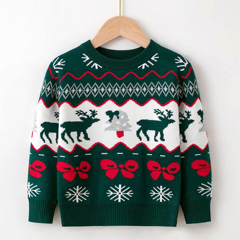 Autumn and winter children's Christmas deer crew neck sweater boys and girls baby crew neck pullover base knitted sweater