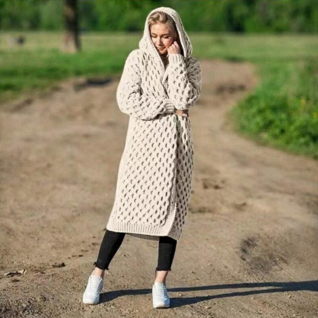 Women's Long-sleeved Solid Color Loose Long Sweater Cardigan With Hood Coat