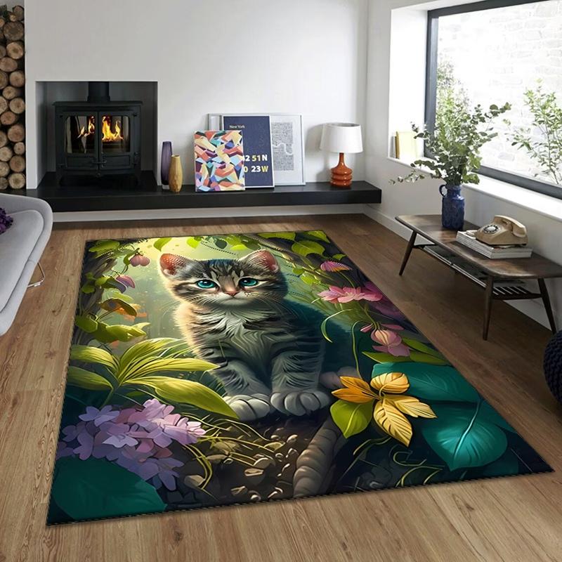2D Kitten Forest Area Rug for Bedroom Living Room Office Non Slip Washable Floor Mat Home Decorative Soft Carpet for Indoor Use