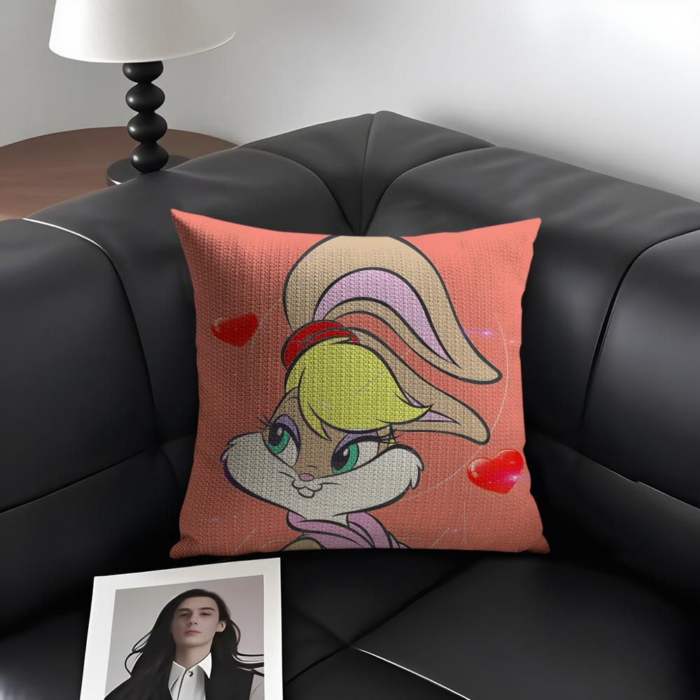 L-Lola Bunnyy Cartoon Cushion Cover Natural Linen Organic Fabric Double-Sided Printing Sofa Home Decor Gift Pillow Case