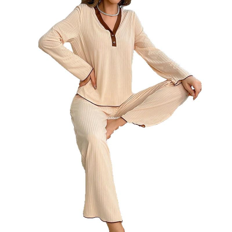 Women's V-Neck Color Block Pajama Set - Long Sleeve & Pants, Comfortable and Stylish, Spring Collection