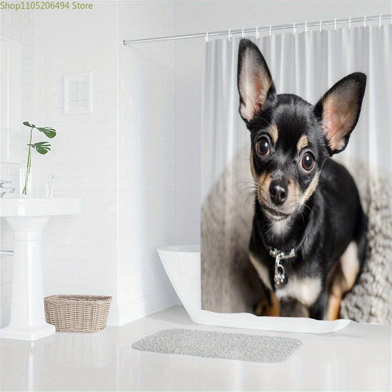 1pc Chihuahua Puppy Shower Curtain - Adorable Small Dog Portrait with Expressive Eyes, Soft Beige & White Polyester Fabric, 70