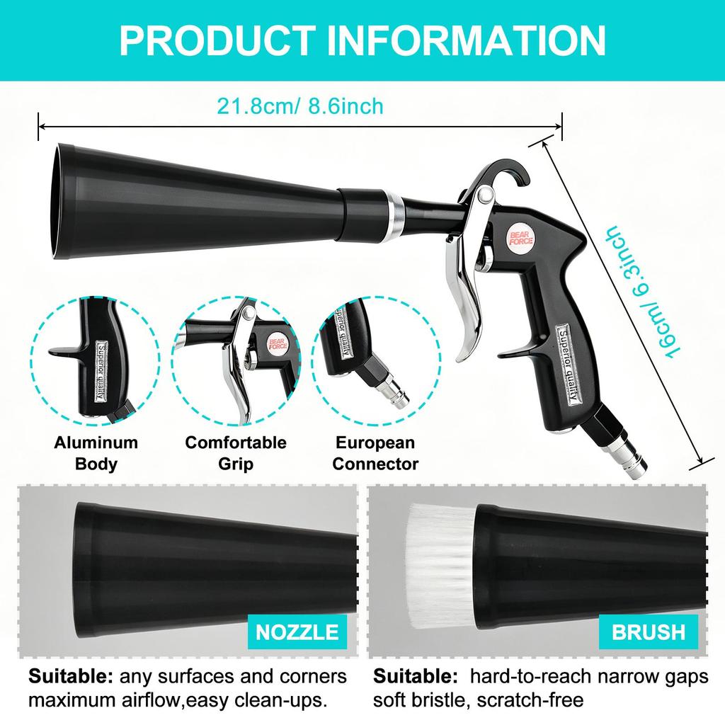 BEAR FORCE Pistolet do oczyszczania powietrza Tornado Vortex, obrotowa końcówka 360°, szybkozłączka 1/4", pistolet do detailingu samochodowego 6-9,2 bara z nasadką szczotkową