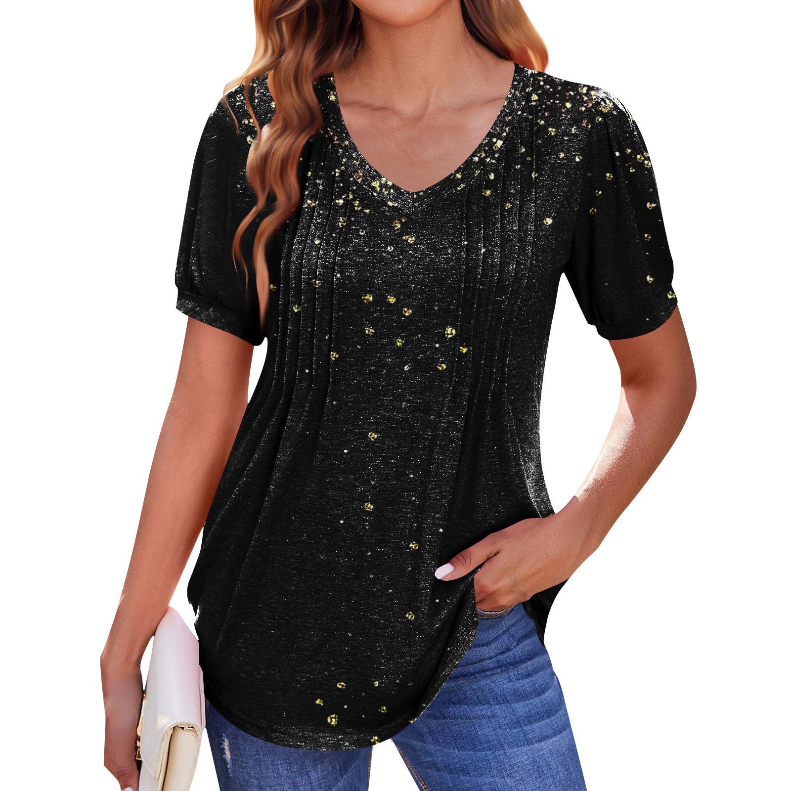 

Женская рубашка-фонарик с коротким рукавом в стиле бохо, повседневная летняя рубашка с V-образным вырезом, плиссированная повседневная туника M чёрный