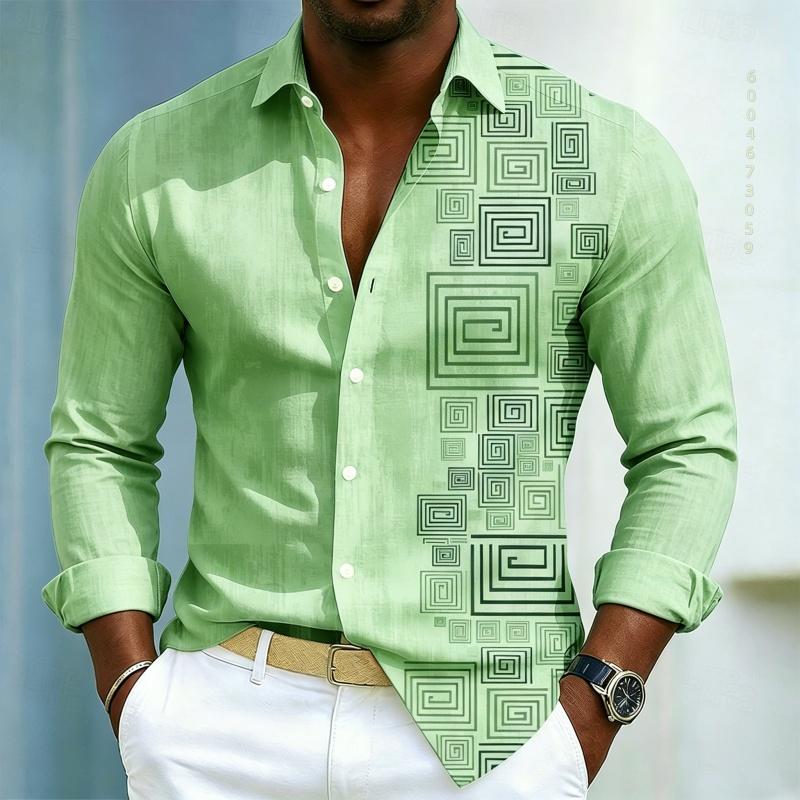 Herrenhemd mit geometrischem Musterdruck, Langarmhemd für Herren, Schwarzes Slim Fit Hemd, Modisches Design, Herrenbekleidung