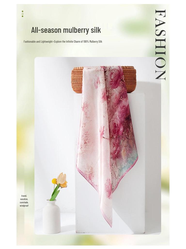 Elegant Pink Rose Mulberry Silk Scarf - Luxury Gift for Mom: Light, Decorative Neckerchief Snood