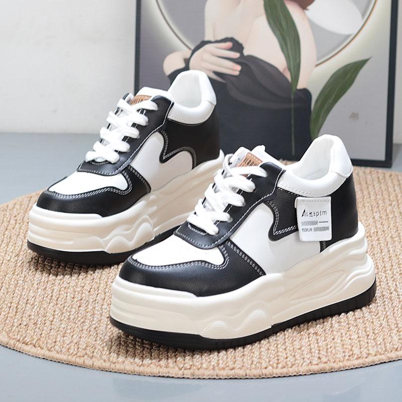 Fashion 8CM Cow Genuine Leather Comfy Casual Autumn Ladies Vulcanize Women Chunky Sneakers Breathable Platform Wedge High Brand
