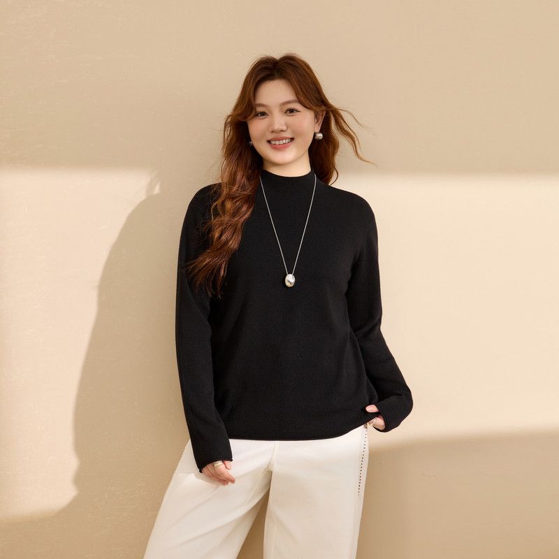 

[Superfine Wool Blend] Cigarette Collar Milk-Fufu Soft Knitted Base Shirt Plus Size Women s Clothing for Chubby Girls Winter New Style Black* 2XL