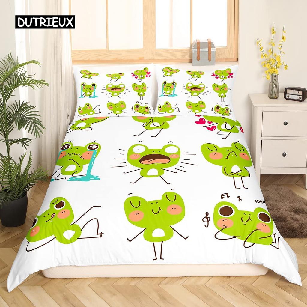 Cartoon Frog Duvet Cover Set Light Green Cartoon Frogs Cute Dragonfly Animal Bedding Set for Kid Twin Size Polyester Quilt Cover