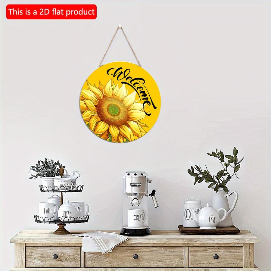 2D flach 20*20cm1St Willkommen Gelbes Helles Sonnenblumenmuster Türkunst Dekorative Plakette, Lebendiges Florales Zuhause Holzrundornament für Fenster&Garten