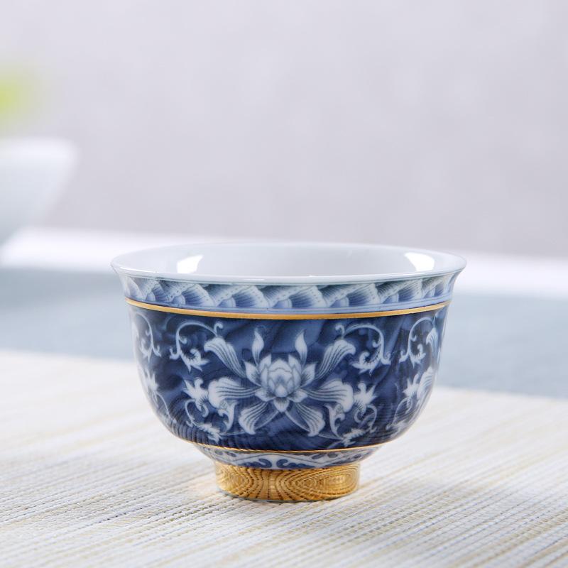 Vintage Master Cup, 1 Blue and White Porcelain Teacup, Small Tea Bowl, Ceramic Kung Fu Set, Gold Edged Tea Bowl, Single Cup