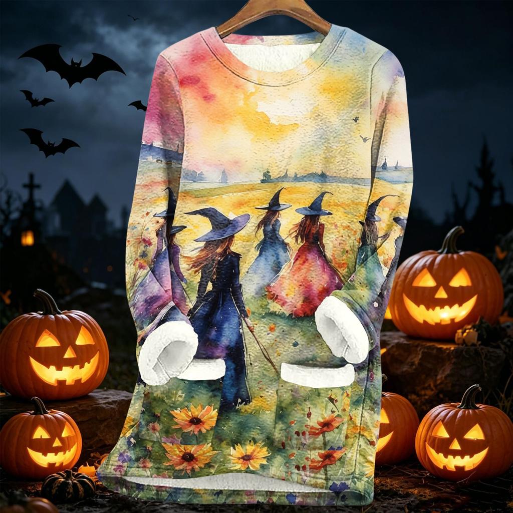 Women's Halloween Print -Lined Long Jacket for Fall and Winter Warmth