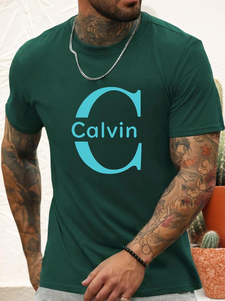 Camiseta de Manga Curta Calvin Masculina 100% Algodão Estampa Colorida Verão Gola Redonda Respirável Casual Moda Camiseta Legal