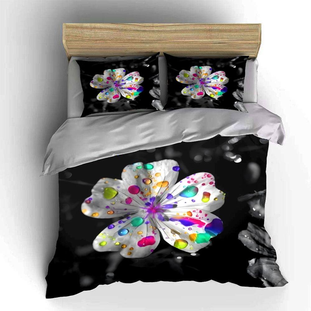 3Pcs Rainbow Flower Bedding Set, White Flower with Colorful Water Drops Print Duvet Cover + 2 Pillowcases, Modern Art Decor
