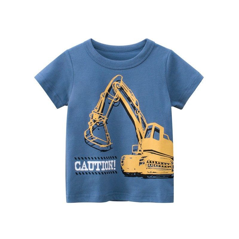 27kids Small Children s Clothing Summer Kids Short-Sleeved T-shirt Boy Excavator Tops Baby Boy Pure Cotton Half Sleeve Clothes Military Blue 110