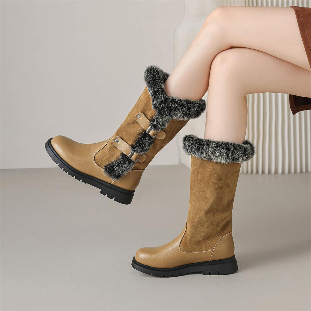 Small Plus Size 28-43 Women's Faux Fur Snow Boots Round Toe Buckles Thick Non-slip Sole Winter Warm Outdoor Mid Calf Boots Shoes