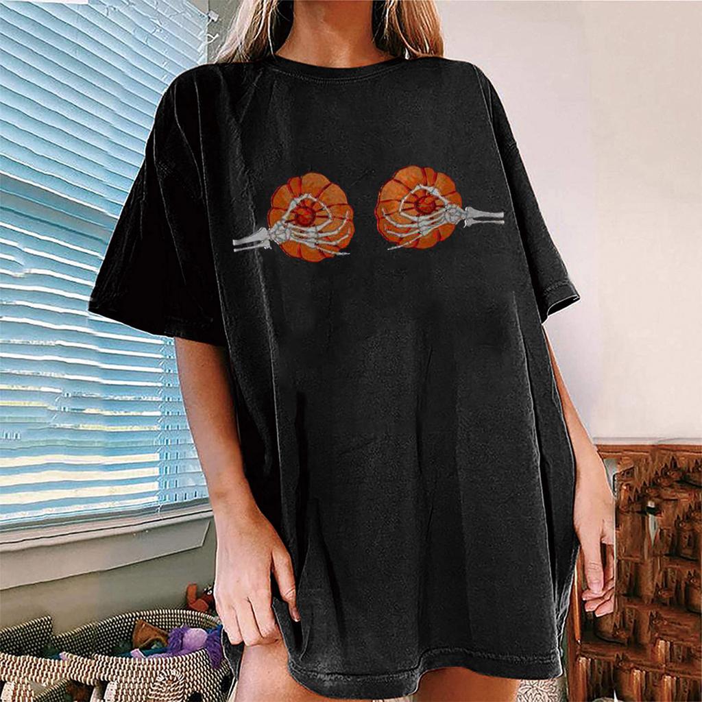 Women's Loose Blouse Round Neck Short Sleeve Halloween  Print T-shirt Top