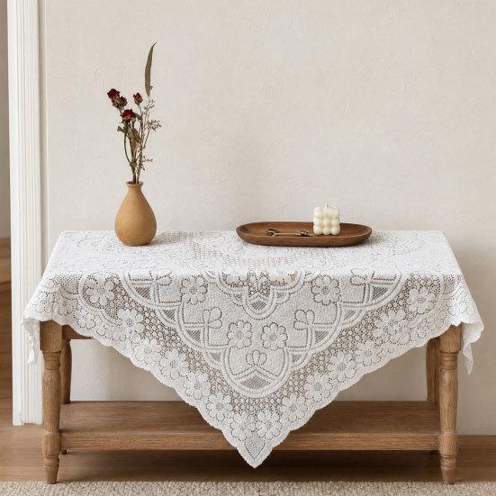White Lace Tablecloth, Square Scalloped Floral Lace Doily, Elegant Vintage Table Cover for Nightstand End Table Tea Party Home Decor
